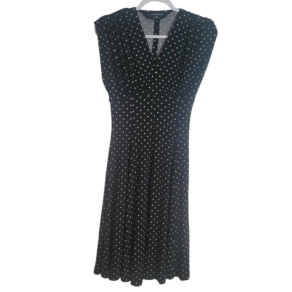 Norma Kamali Black Polka Dot V-Neck Sleeveless Midi Dress Womens Size Medium